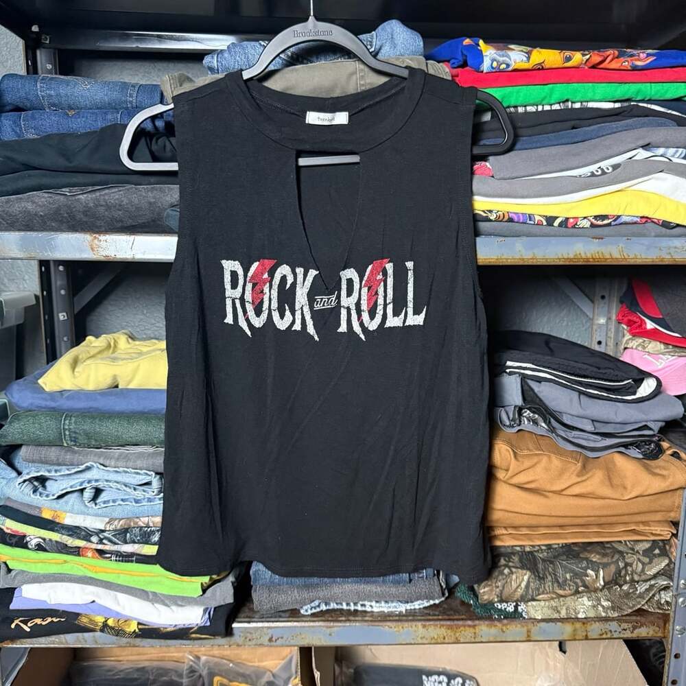 Teenbell Black Rock and Roll Graphic V-Neck Cutout Tank Top